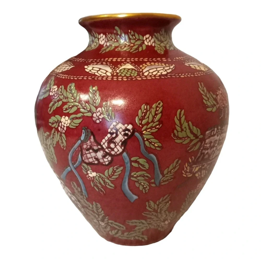 Andrea by Sadek VTG Red Violin Bird Greenery Pottery Vase 9.5